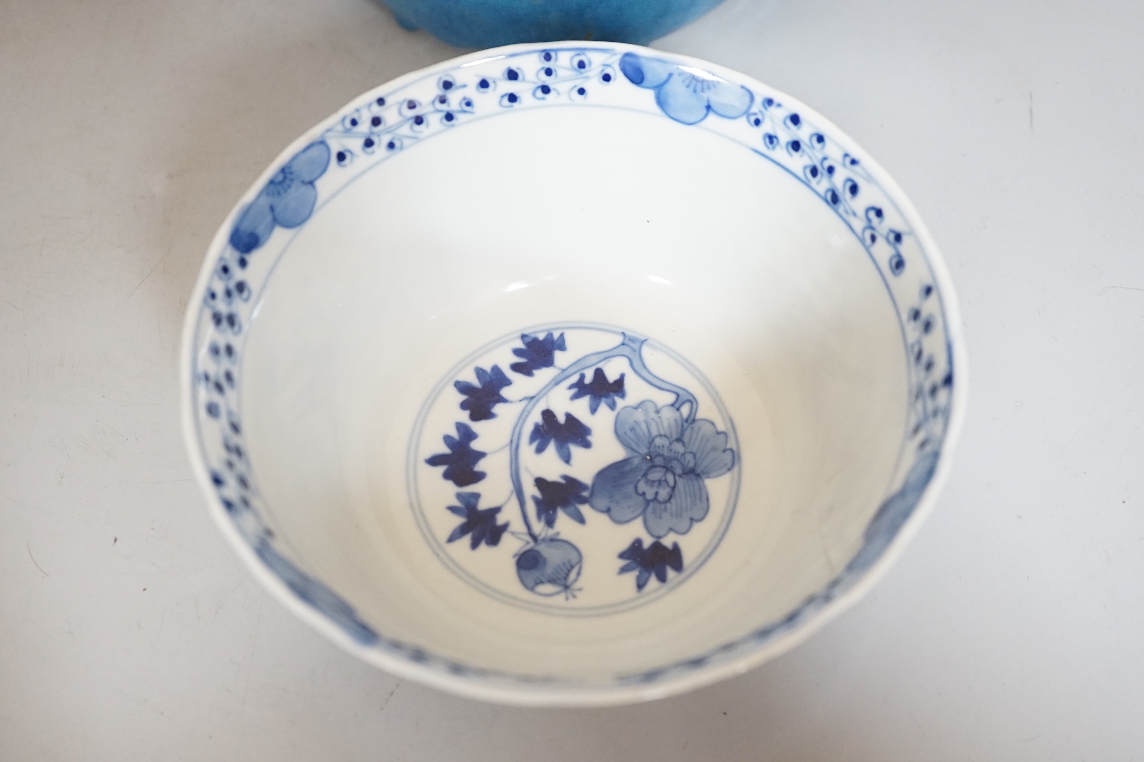 A Chinese blue and white prunus vase, a Jun type pottery planter and a blue and white bowl, vase 25.5cm high